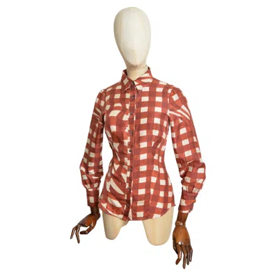 Pre-owned Prada 2010  Pure Silk Copper & Cream Checked Swirly Print Shirt - Blouse In White
