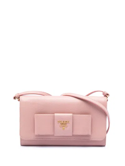 Pre-owned Prada 2010-2024 Saffiano Lux Bow Wallet On Strap Crossbody Bag In Pink
