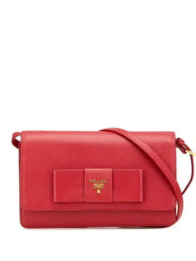 Pre-owned Prada 2010-2024 Saffiano Lux Bow Wallet On Strap Crossbody Bag In Red