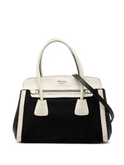 Pre-owned Prada 2010-2025 Bicolor Saffiano Cuir Trimmed Canvas Satchel In Black