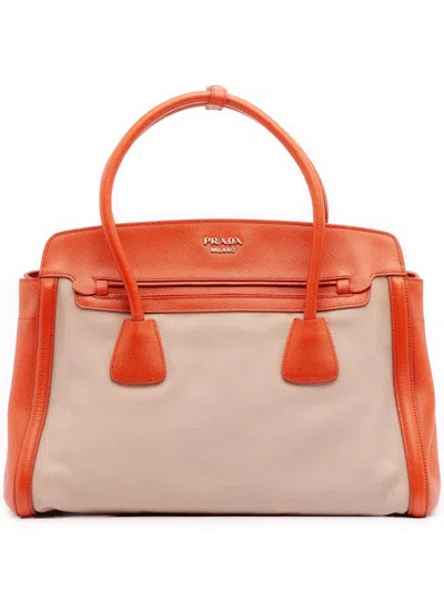 Pre-owned Prada 2010-2025 Bicolor Saffiano Cuir Trimmed Canvas Satchel In Brown