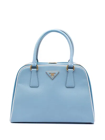 Pre-owned Prada 2010-2025 Bicolor Saffiano Lux Pyramid Frame Top Handle Bag Handbag In Blue