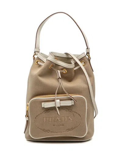 Pre-owned Prada 2010-2025 Canvas Canapa Logo Bow Drawstring Bucket Bag Satchel In Brown