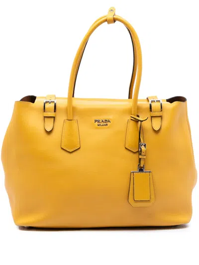 Pre-owned Prada 2010-2025 City Calf Leather Buckle Tote Bag In Yellow