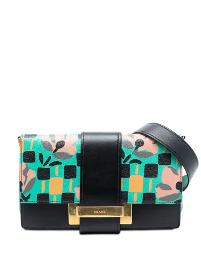 Pre-owned Prada 2010-2025 Floral Printed Leather Plex Ribbon Crossbody Bag In Black