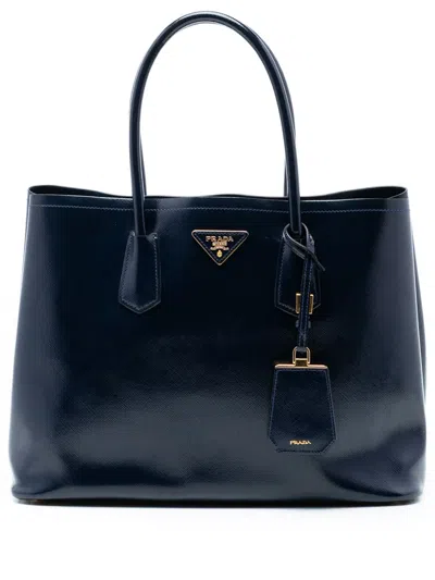 Pre-owned Prada 2010-2025 Medium Saffiano Vernice Double Satchel In Blue