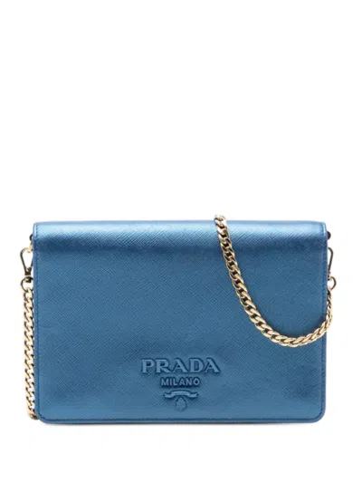 Pre-owned Prada 2010-2025 Metallic Saffiano Lux Monochrome Wallet On Chain Crossbody Bag In Blue