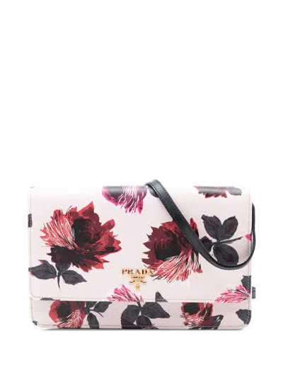 Pre-owned Prada 2010-2025 Saffiano Floral Print Wallet On Strap Crossbody Bag In Pink