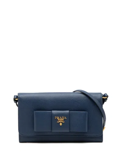 Pre-owned Prada 2010-2025 Saffiano Lux Bow Wallet On Strap Crossbody Bag In Blue