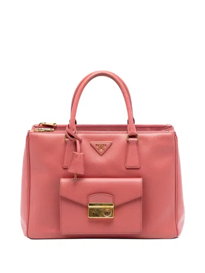 Pre-owned Prada 2010-2025 Saffiano Lux Galleria Double Zip Front Pocket Satchel In Pink