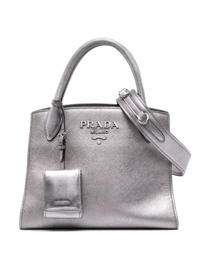 Pre-owned Prada 2010-2025 Small Saffiano Cuir Monochrome Top Handle Tote Satchel In Silver
