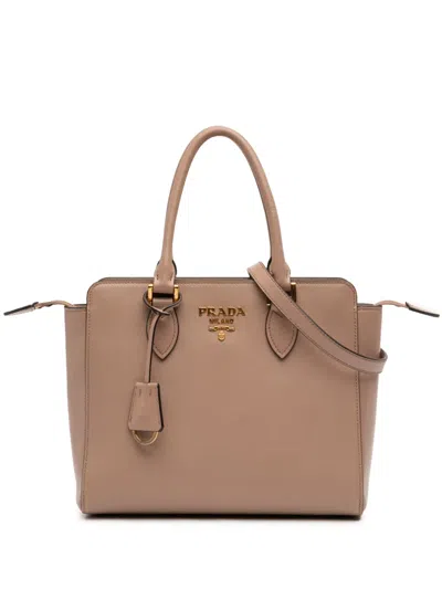 Pre-owned Prada 2010-2025 Soft Calf Trimmed Saffiano Lux Zip Convertible Tote Satchel In Brown