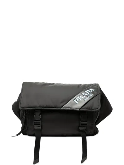 Pre-owned Prada 2010-2025 Soft Calf Trimmed Tessuto Double Buckle Belt Bag In Black