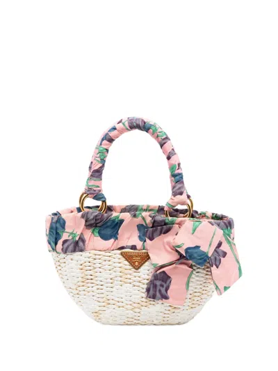 Pre-owned Prada 2010-2025 Straw Floral Ribbon Handbag In Brown