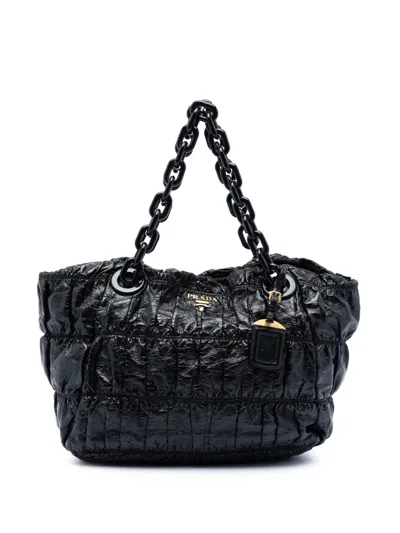 Pre-owned Prada 2010-2025 Vernice Gaufre Resin Chain Shopping Tote Bag In Black