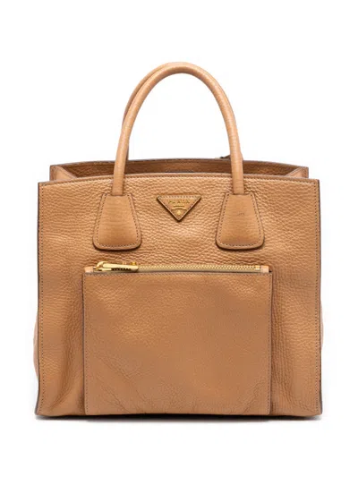 Pre-owned Prada 2010-2025 Vitello Daino Front Pocket Open Convertible Tote Satchel In Neutral