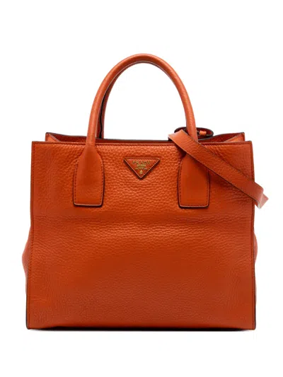 Pre-owned Prada 2010-2025 Vitello Daino Open Convertible Tote Satchel In Orange