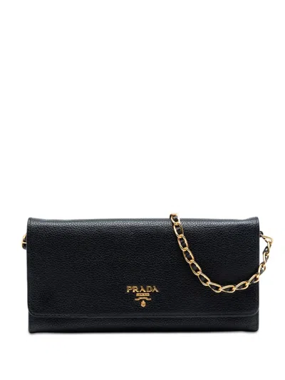 Pre-owned Prada 2010-2025 Vitello Daino Wallet On Chain Crossbody Bag In Black