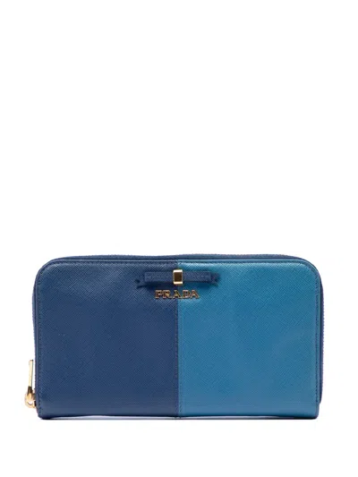 Pre-owned Prada 2010-2026 Bicolor Saffiano Bow Zip Wallet Long Wallets In Blue