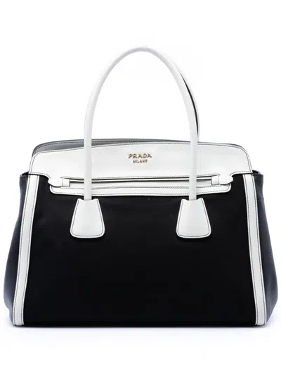 Pre-owned Prada 2010-2026 Bicolor Saffiano Cuir Trimmed Canvas Satchel In Black