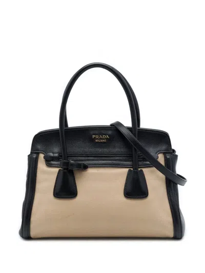 Pre-owned Prada 2010-2026 Bicolor Saffiano Cuir Trimmed Canvas Satchel In Neutrals
