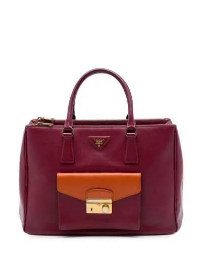 Pre-owned Prada 2010-2026 Bicolor Saffiano Lux Galleria Double Zip Front Pocket Satchel In Red