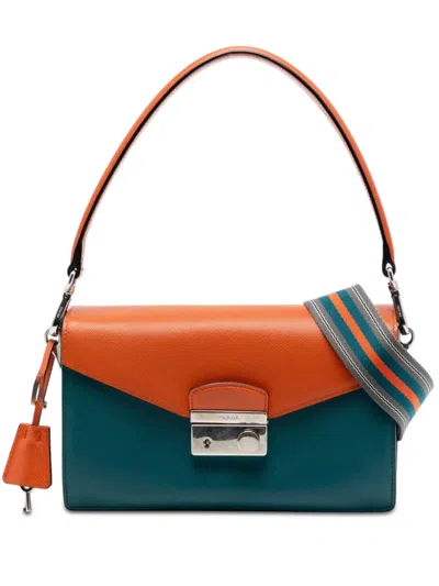 Pre-owned Prada 2010-2026 Bicolor Saffiano Lux Sound Lock Satchel In Blue