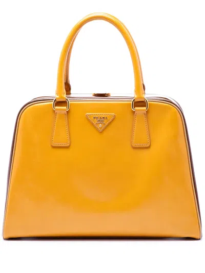 Pre-owned Prada 2010-2026 Bicolor Saffiano Vernice Pyramid Frame Handbag In Yellow