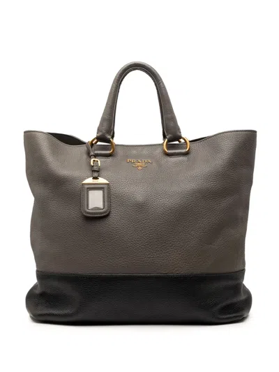 Pre-owned Prada 2010-2026 Bicolor Vitello Daino Open Convertible Tote Satchel In Brown