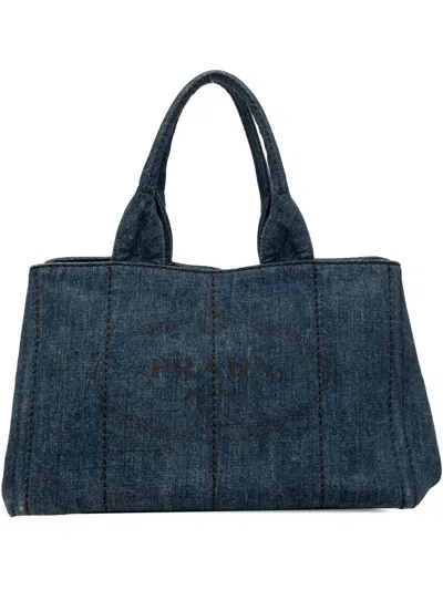 Pre-owned Prada 2010-2026 Canapa Logo Denim Tote Bag In Blue