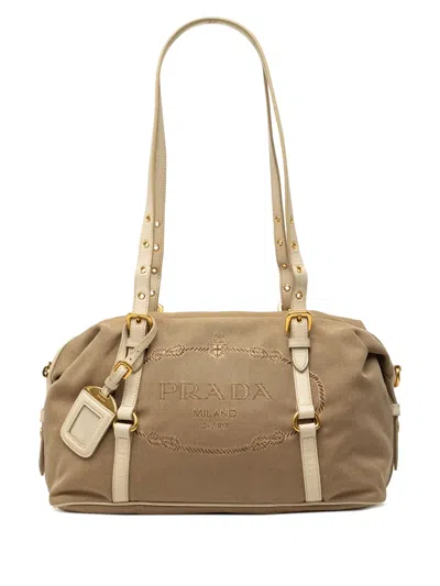Pre-owned Prada 2010-2026 Canvas Canapa Logo Shoulder Bag In Neutrals
