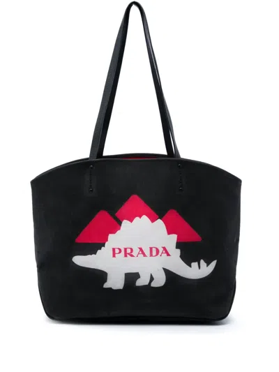 Pre-owned Prada 2010-2026 Canvas Dinosaur Print Canapa Tote Bag In Black
