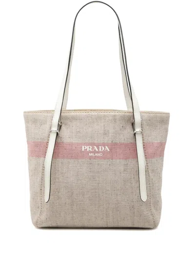 Pre-owned Prada 2010-2026 Canvas Logo Stripe Shopper Tote Bag In Neutral