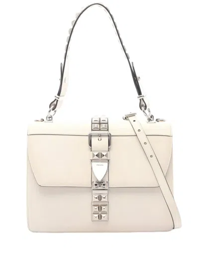 Pre-owned Prada 2010-2026 City Calf And Saffiano Studded Elektra Satchel In White