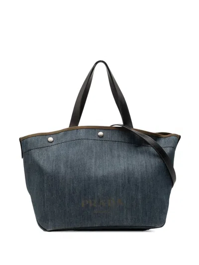 Pre-owned Prada 2010-2026 City Calf Trimmed Denim Snap Logo Shopping Satchel In Blue