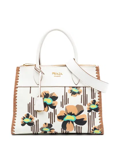Pre-owned Prada 2010-2026 City Calf Trimmed Madras Floral Print Paradigme Whipstitch Satchel In White