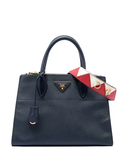 Pre-owned Prada 2010-2026 City Calf Trimmed Saffiano Greche Paradigme Bag Satchel In Blue