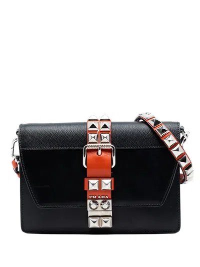 Pre-owned Prada 2010-2026 City Calfskin And Saffiano Studded Elektra Crossbody Bag In Black