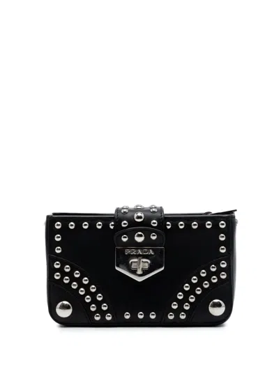 Pre-owned Prada 2010-2026 City Calfskin Studded Elektra Turn Lock Clutch Bag In Black