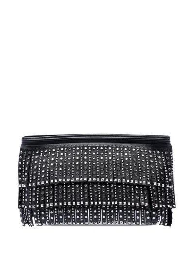 Pre-owned Prada 2010-2026 Crystal Embellished Leather Fringe Clutch Bag In Black