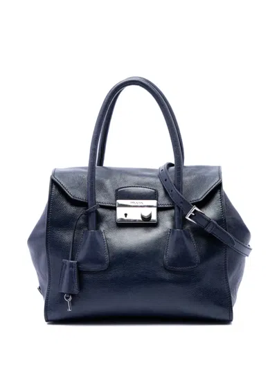 Pre-owned Prada 2010-2026 Glace Calf Sound Lock Satchel In Blue