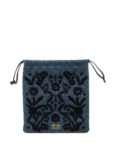 Pre-owned Prada 2010-2026 Impuntu Denim Embroidered Drawstring Pouch In Blue