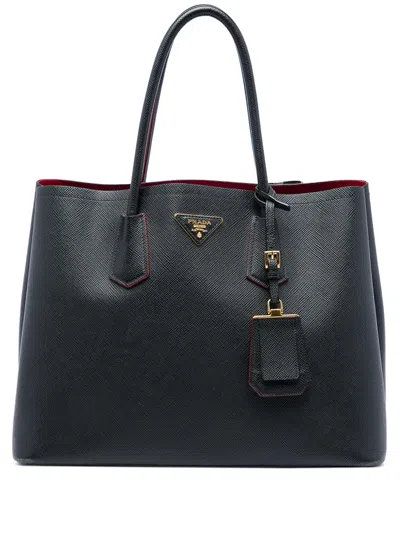 Pre-owned Prada 2010-2026 Large Saffiano Cuir Double Satchel In Black