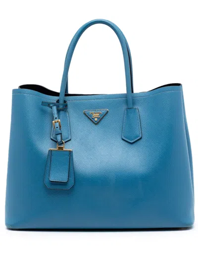 Pre-owned Prada 2010-2026 Large Saffiano Cuir Double Satchel In Blue