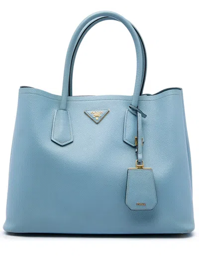 Pre-owned Prada 2010-2026 Large Saffiano Cuir Double Satchel In Blue