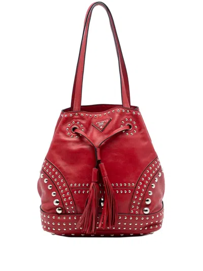 Pre-owned Prada 2010-2026 Large Studded Leather Bucket Bag In Red