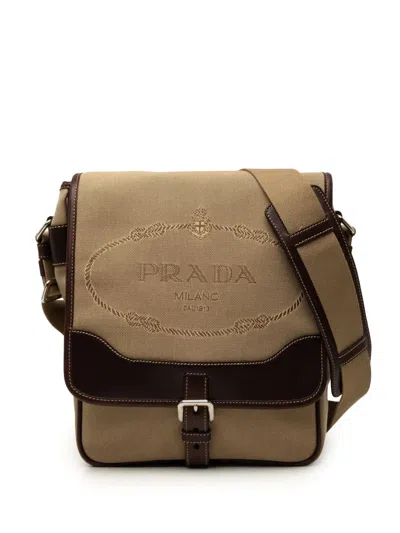 Pre-owned Prada 2010-2026 Leather Trimmed Canvas Canapa Logo Buckle Messenger Bag Crossbody Bag In Neutrals