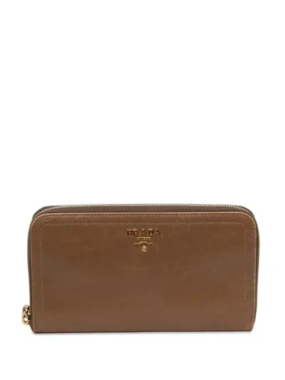 Pre-owned Prada 2010-2026 Leather Zip Around Wallet Long Wallets In Brown