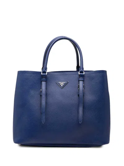 Pre-owned Prada 2010-2026 Medium Saffiano Cuir Double Handle Satchel In Blue