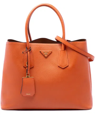 Pre-owned Prada 2010-2026 Medium Saffiano Cuir Double Handle Satchel In Orange